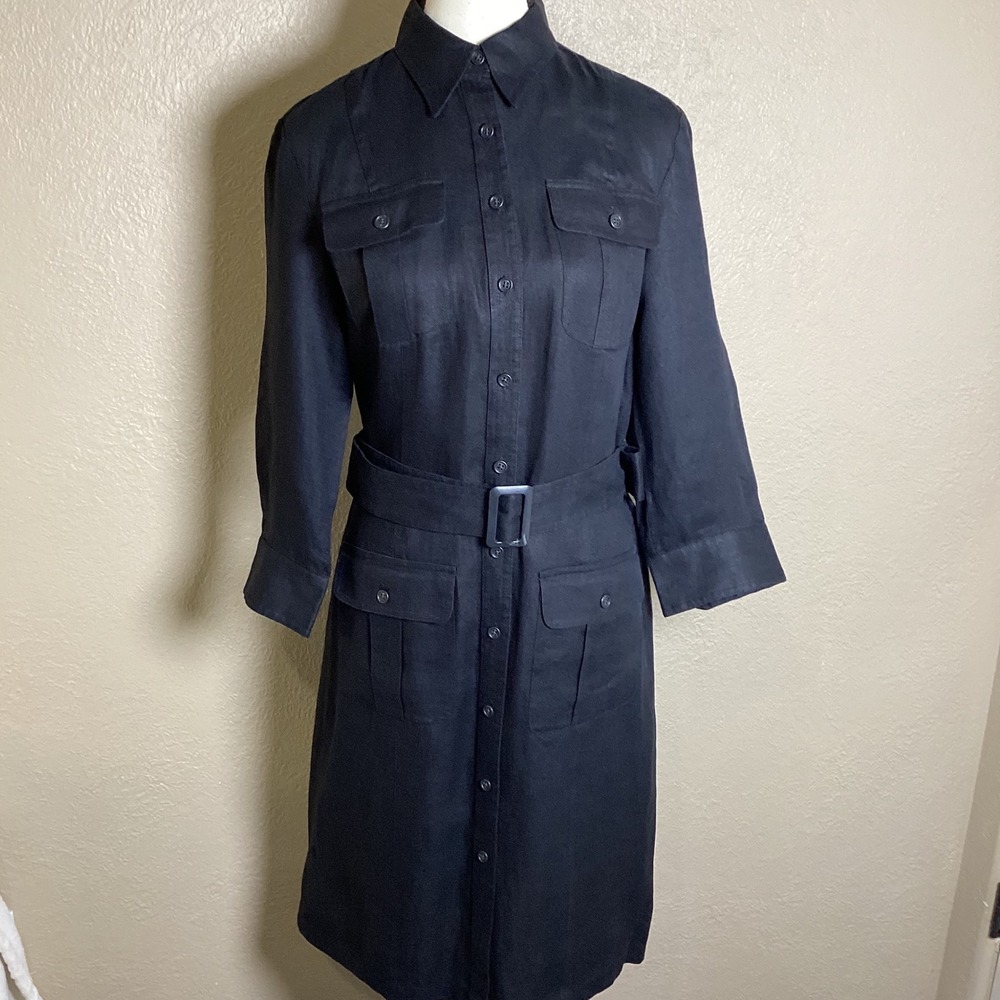 Lauren Ralph Lauren Black Linen Safari Shirt Dress Belted Midi Women's Size 6